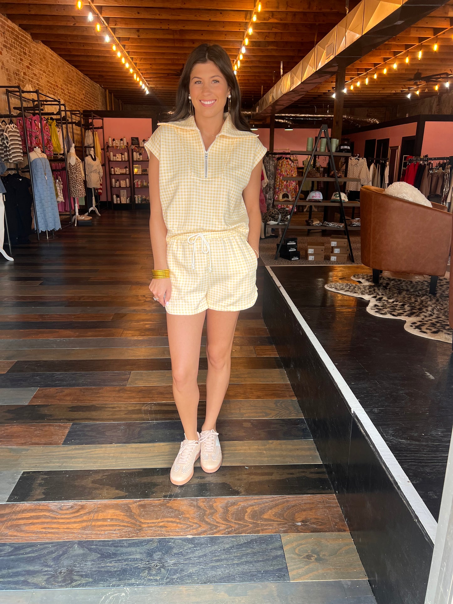 YELLOW GINGHAM ZIP UP TOP SHORT SET