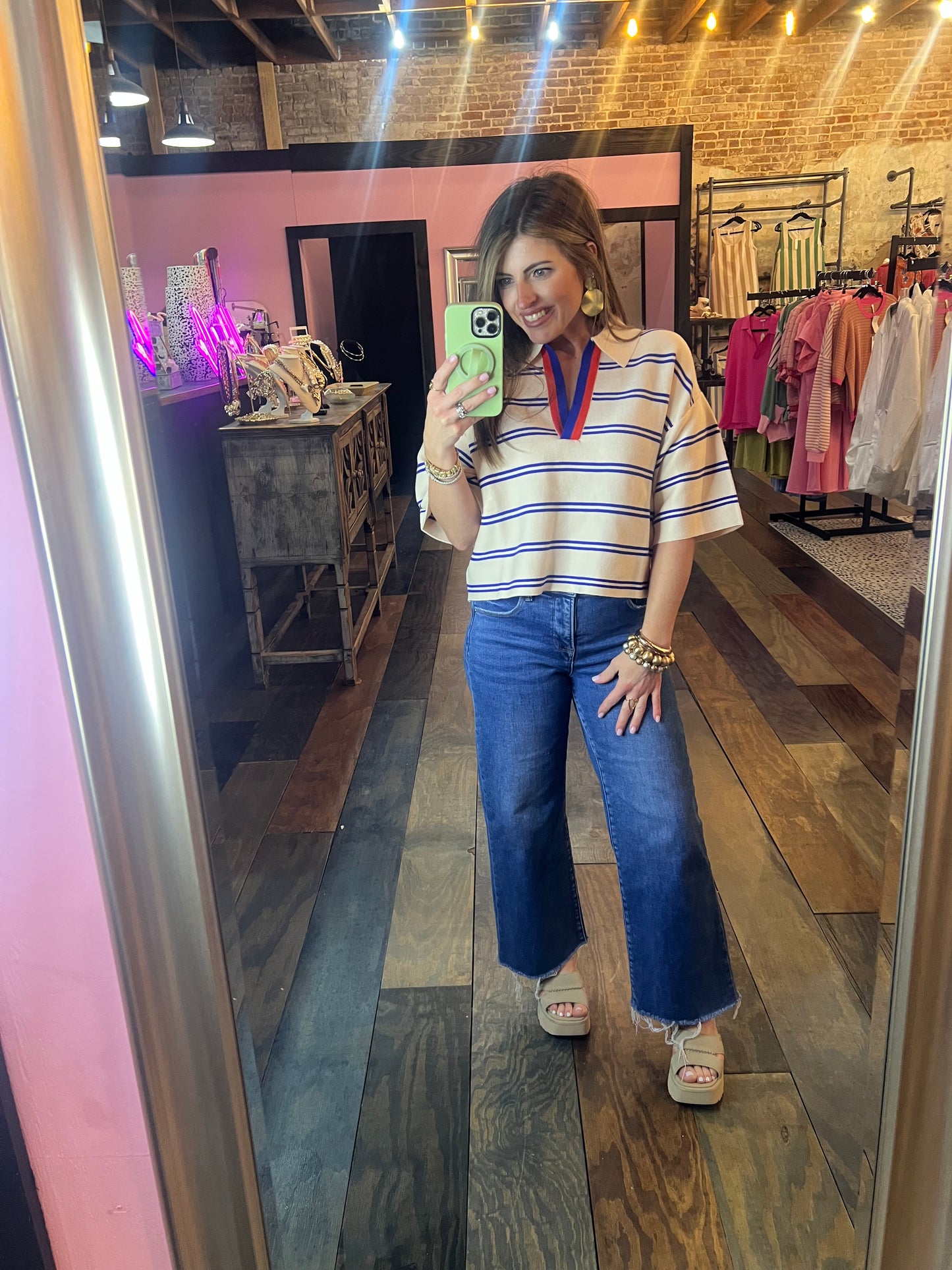SHORT SLEEVE STRIPED KNIT TOP