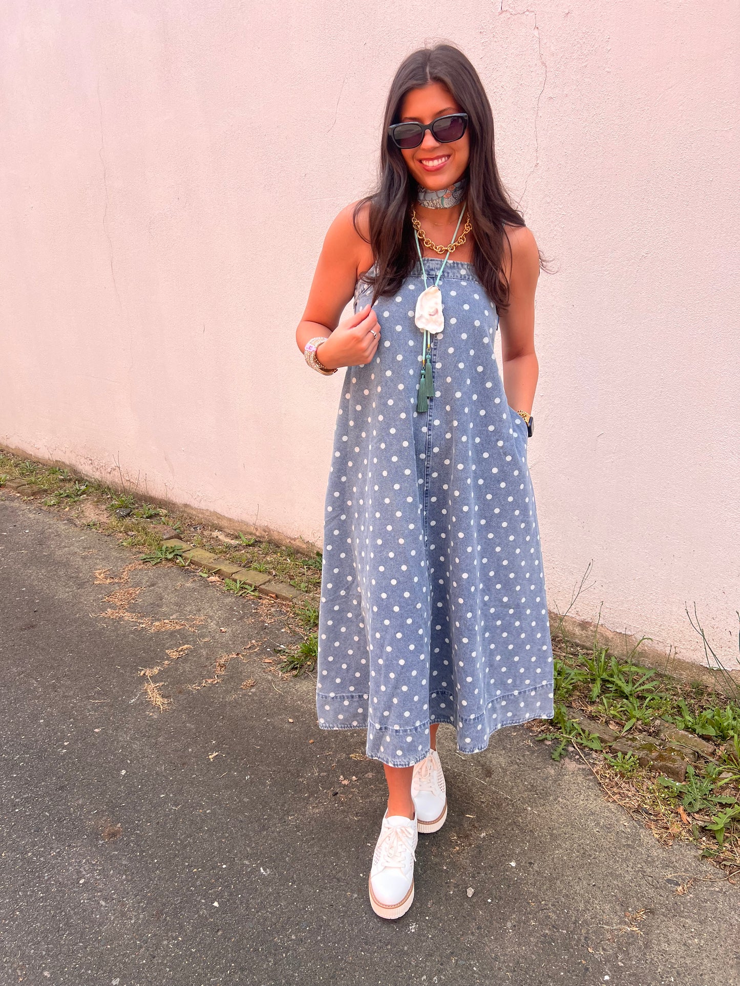 DENIM POLKA DOT MIDI DRESS