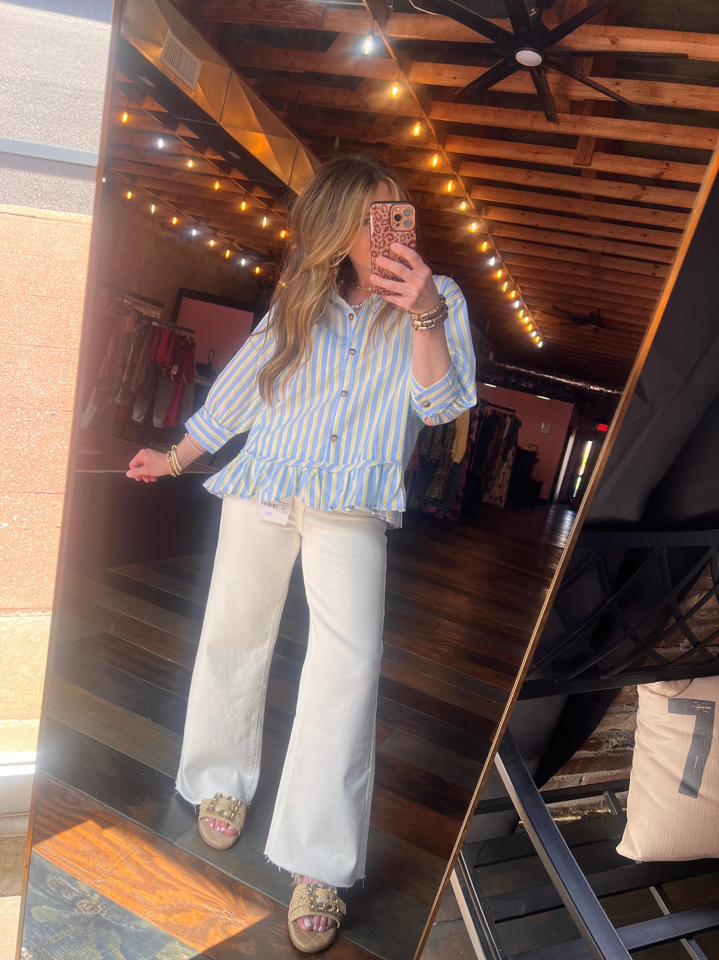 STRIPED BUTTON DOWN PEPLUM TOP