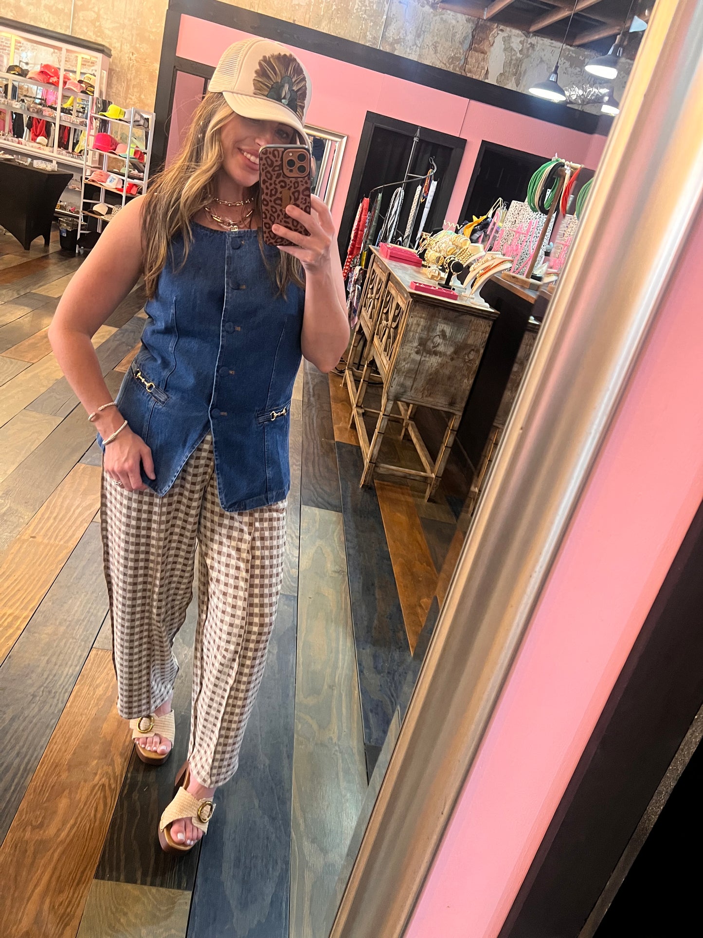 GINGHAM BARREL KNIT PANTS