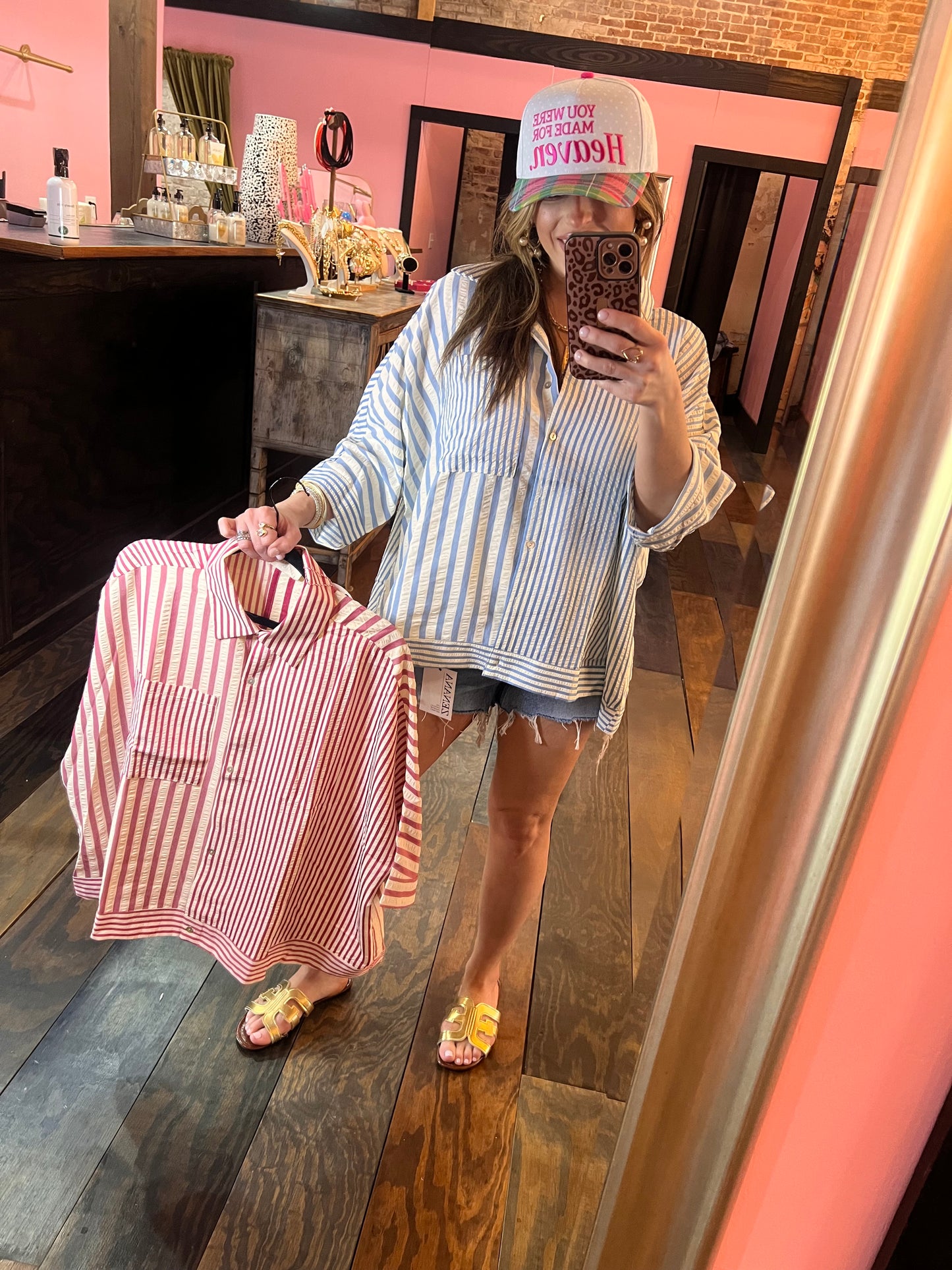 Mixed Stripe Oversized Button Down Top