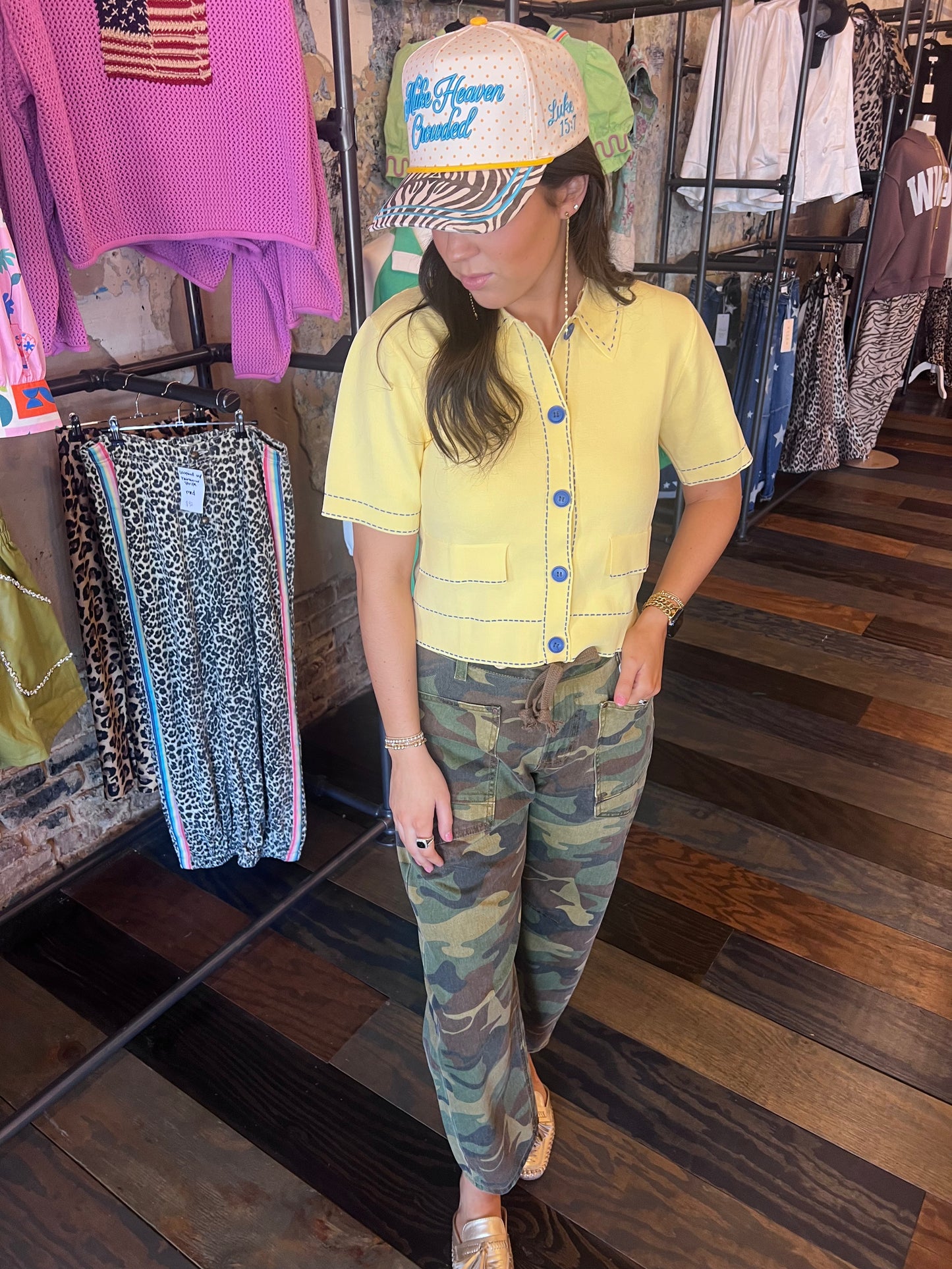BUTTER YELLOW TOP WITH BLUE STITCHING