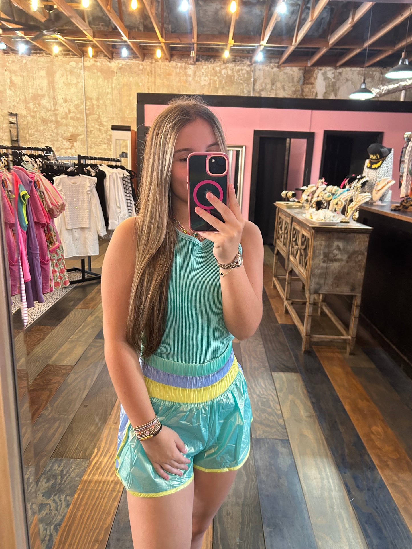 LIME COLORBLOCK SMOCKED SHORTS