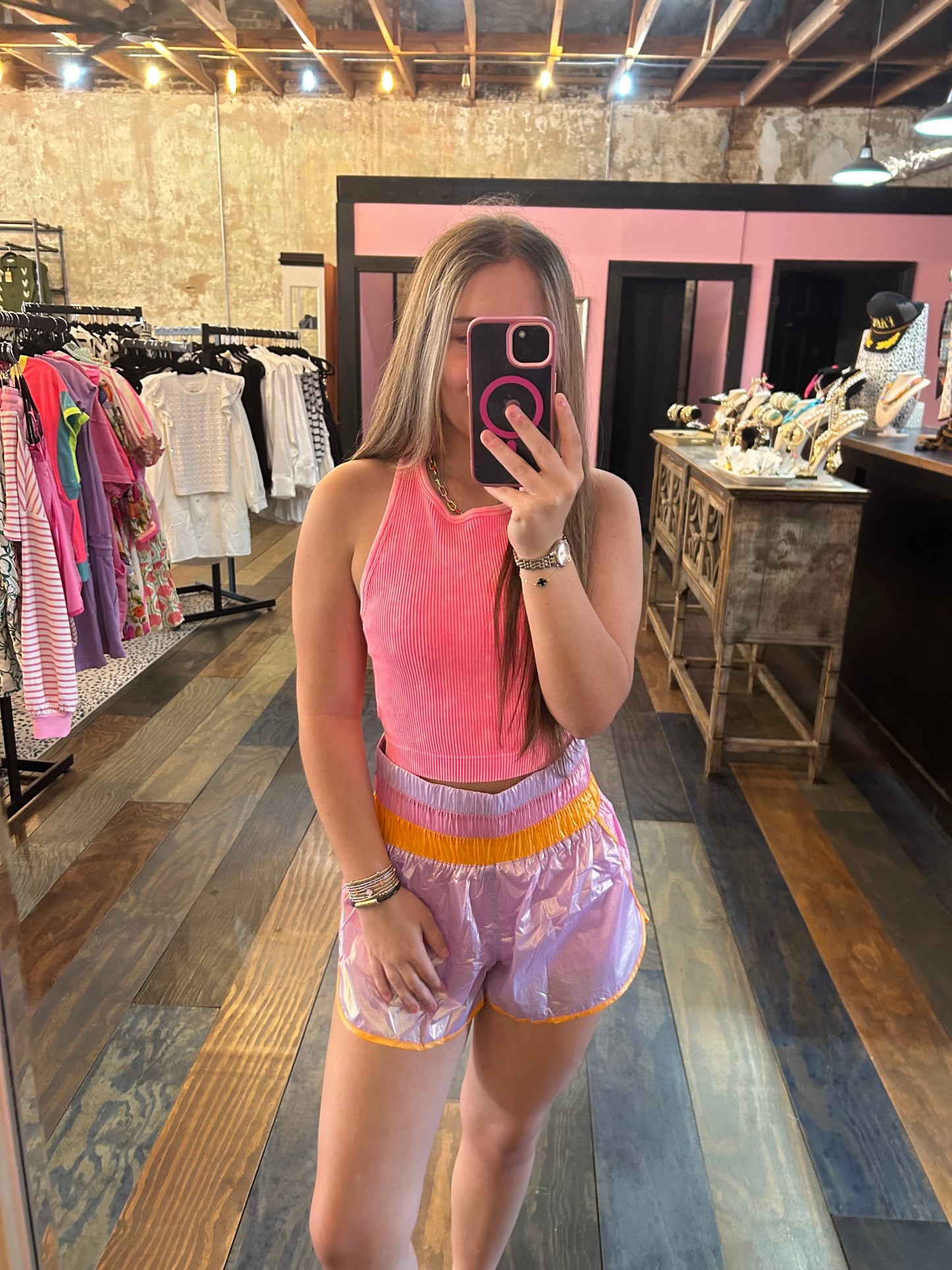 PINK COLORBLOCK SMOCKED SHORTS