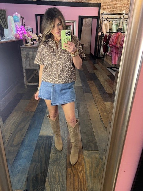 LEOPARD DENIM POCKET TOP