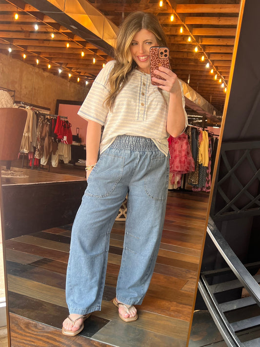SMOCKED WAIST DENIM PANTS