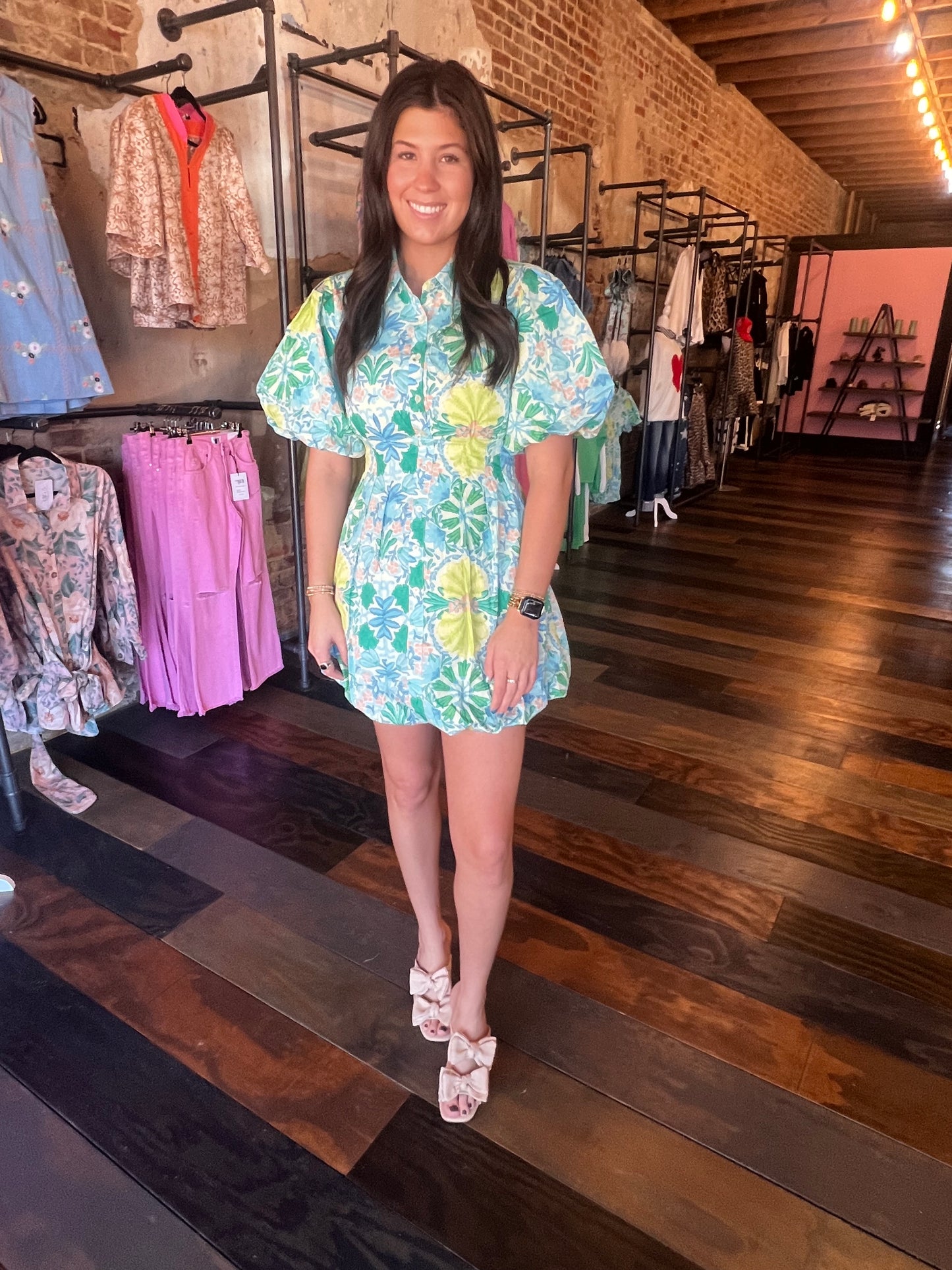 MULTI LIME FLORAL PUFF DRESS
