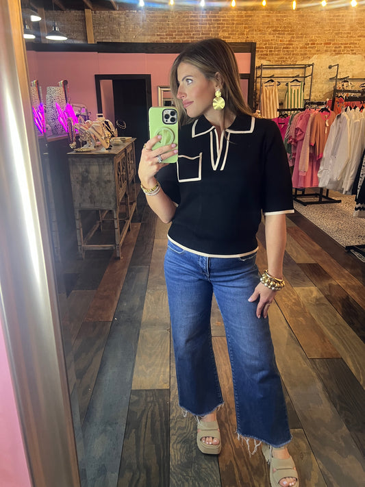 SHORT SLEEVE COLLARD KNIT TOP