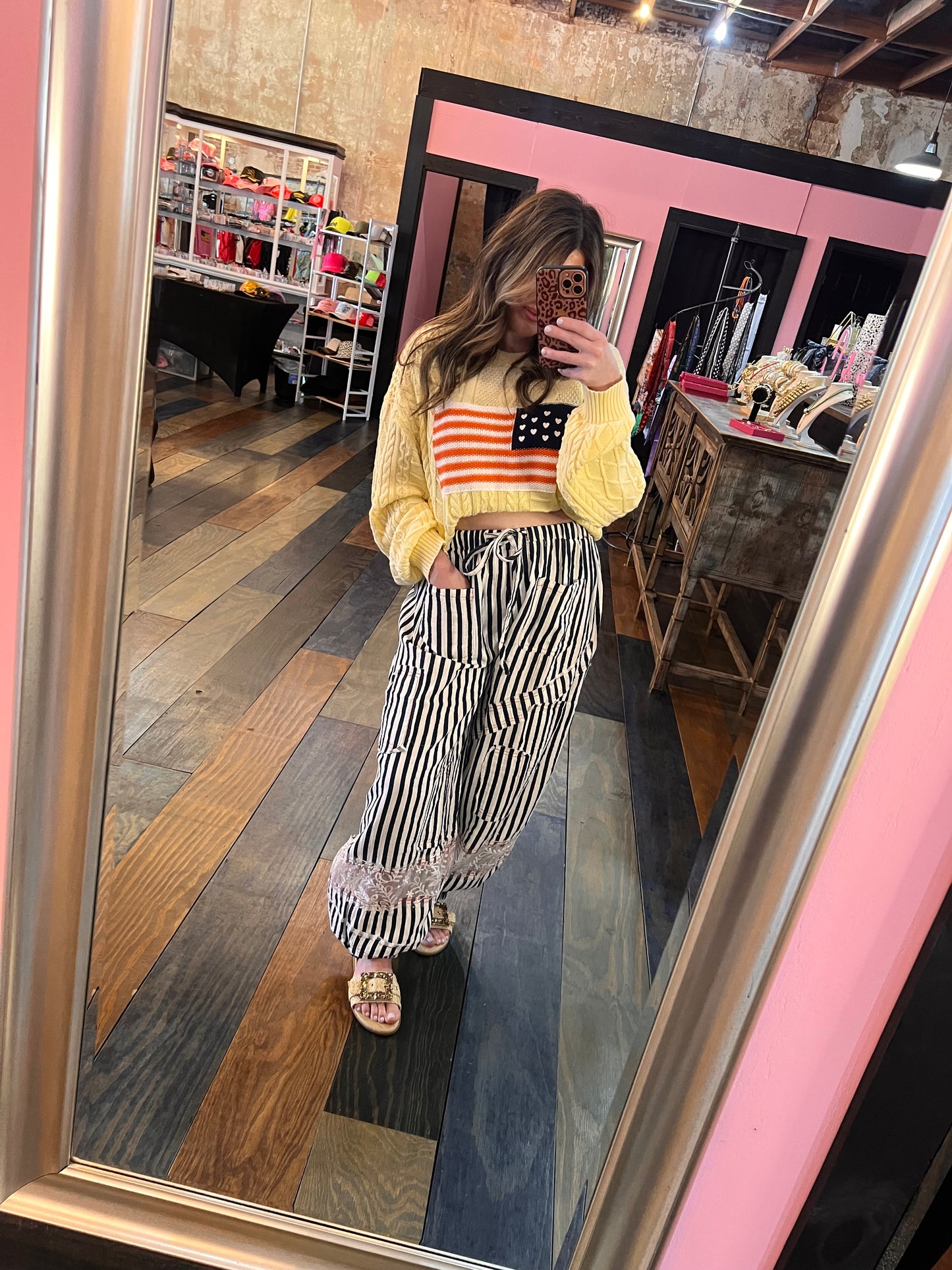 NAVY STRIPE PANT WITH RED DETAIL