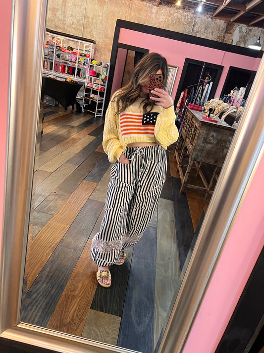 NAVY STRIPE PANT WITH RED DETAIL