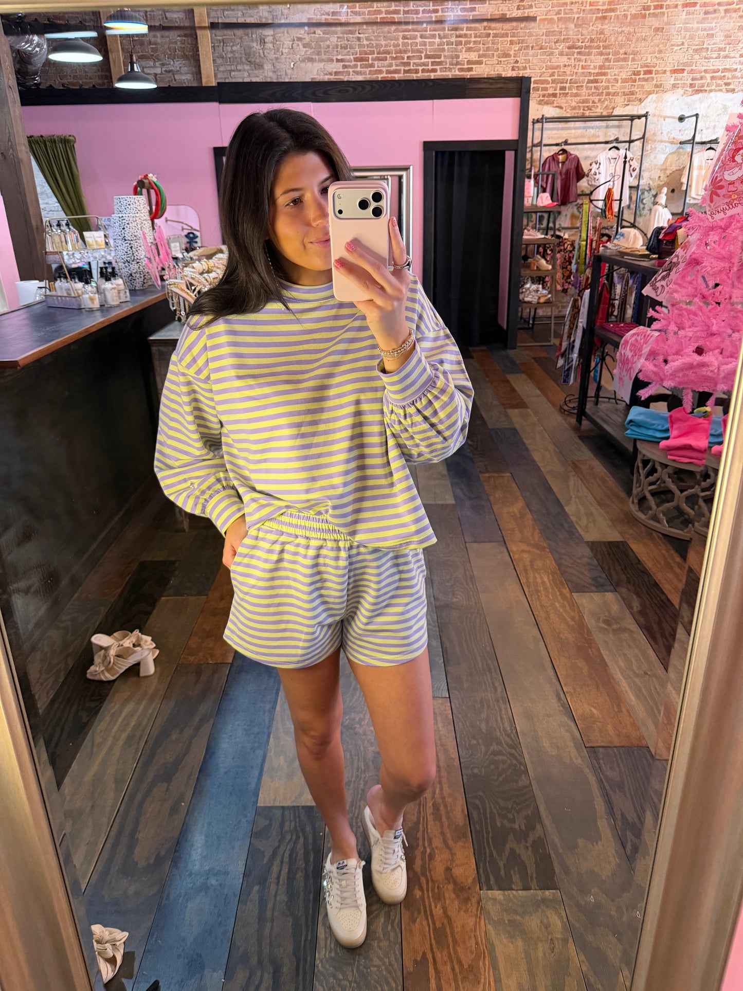 LIME/LAVENDER STRIPE SHORT SET