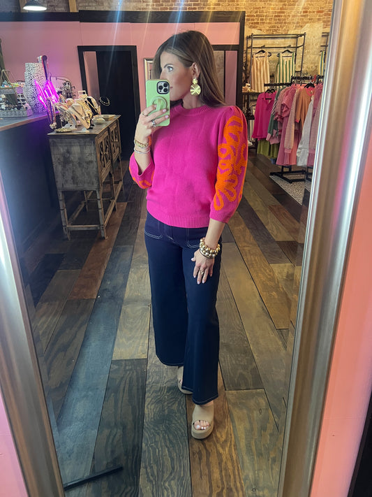 EMBROIDERED DETAIL SLEEVE KNIT TOP