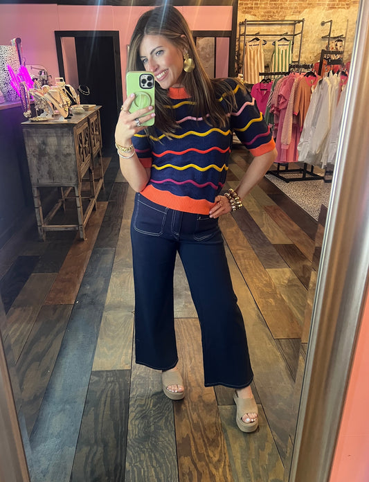 SHORT SLEEVE PATTERN KNIT TOP