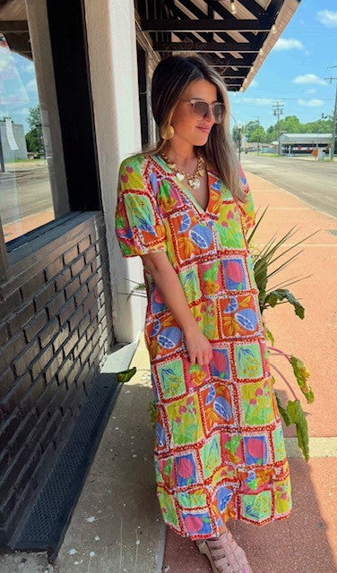 FRUIT GAUZE VNECK MAXI DRESS