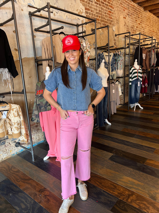 DENIM PUFF SLEEVE BUTTON UP TOP