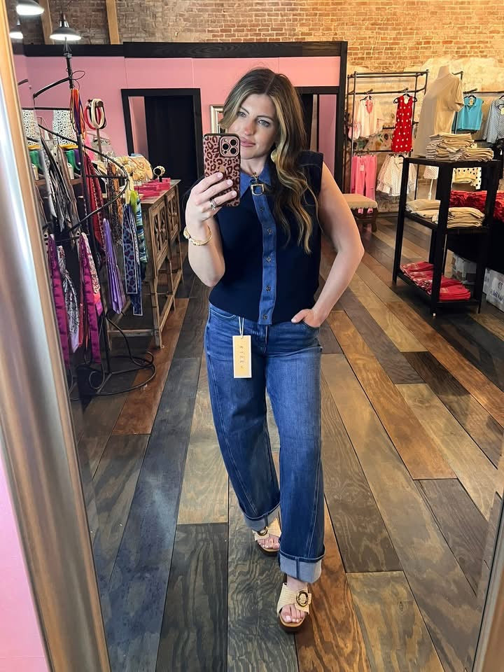 SLEEVELESS DENIM TRIM TOP