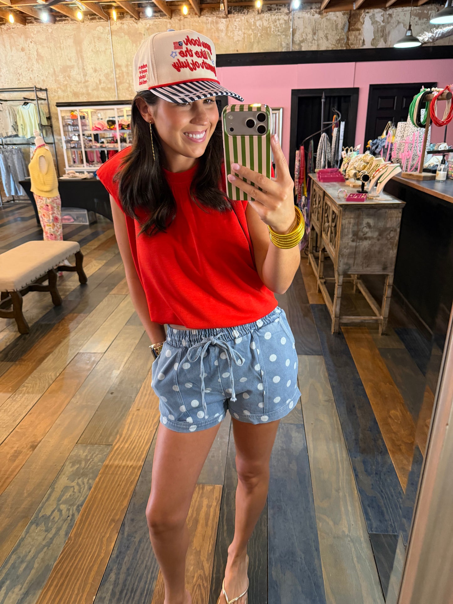 POLKADOT DENIM SHORTS W/ DRAWSTRING