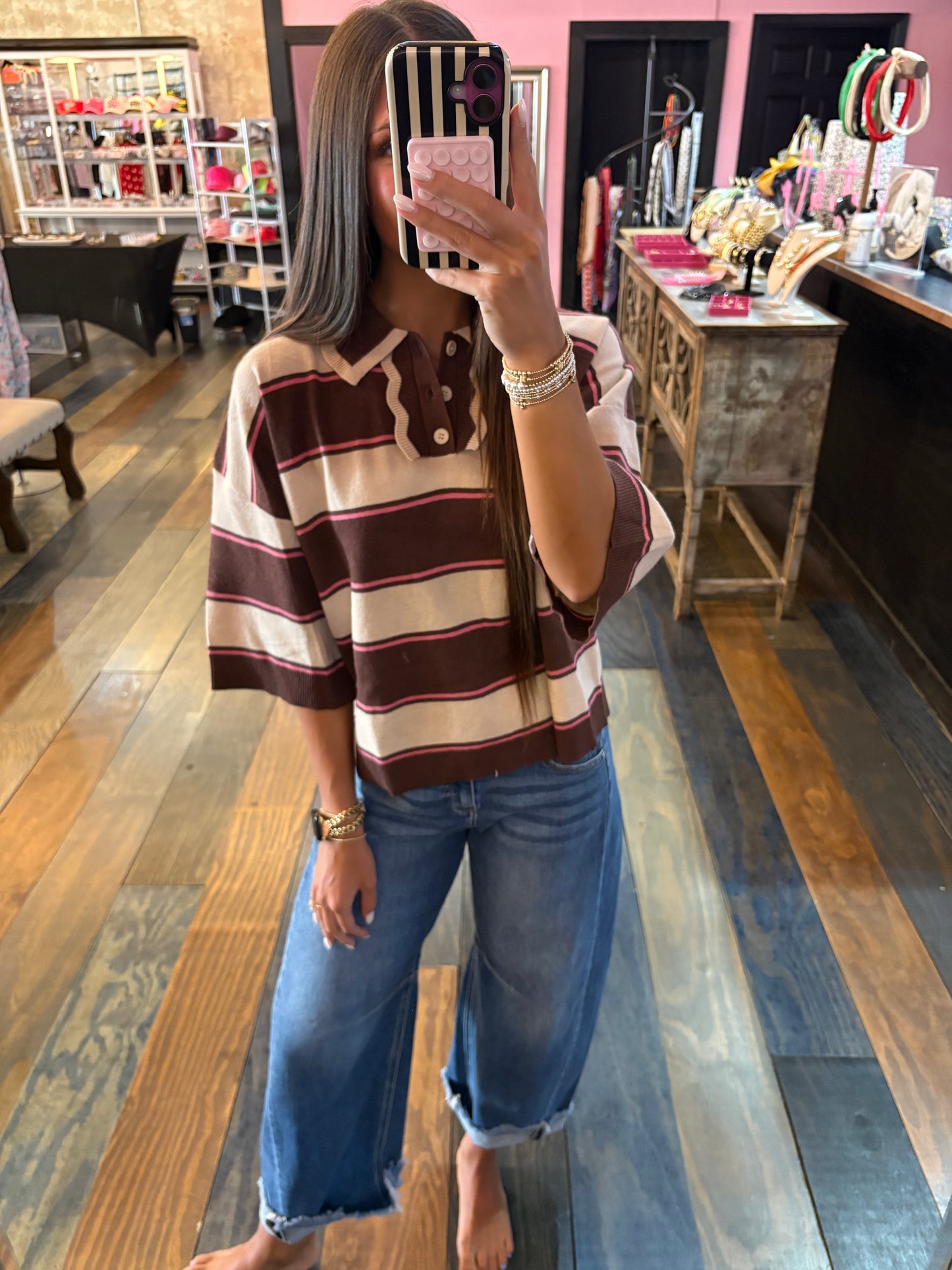 CHOCOLATE STRIPED COLLARED TOP