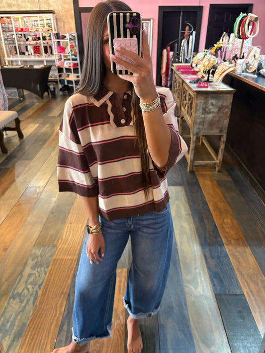 CHOCOLATE STRIPED COLLARED TOP
