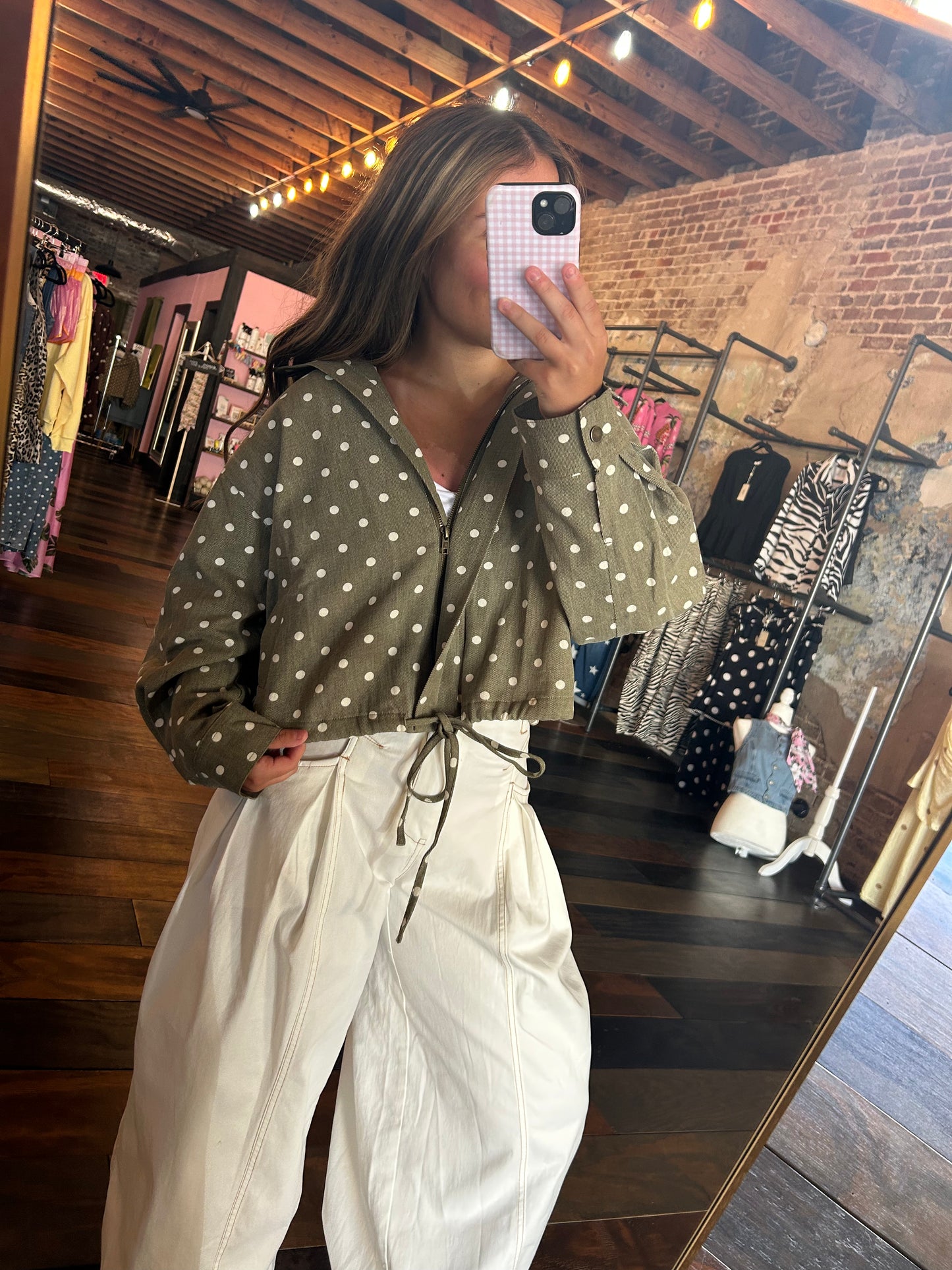 OLIVE DOTTED ZIP UP JACKET