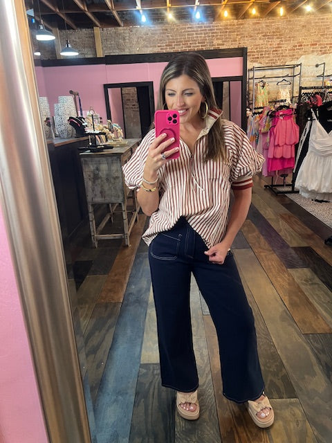 BRICK RED STRIPE TOP WITH COLLAR