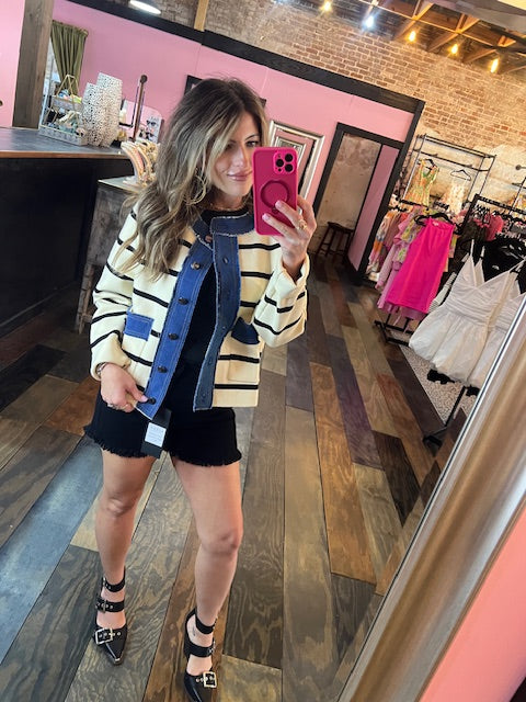 STRIPE JACKET WITH DENIM TRIM