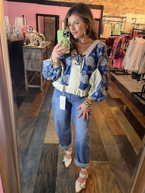 DENIM MULTI BALLOON SLEEVE TOP