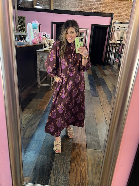 CHOCOLATE MIX PRINT MIDI DRESS