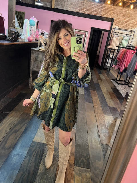 GREEN MULTI SHIRT DRESS