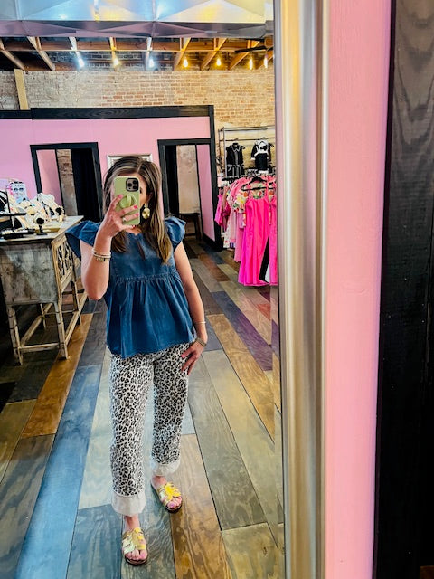 RUFFLE SLEEVE DENIM TOP