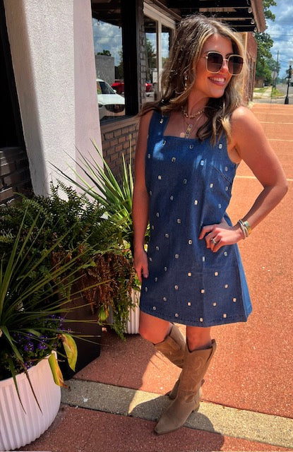 BEJEWELED DENIM DRESS