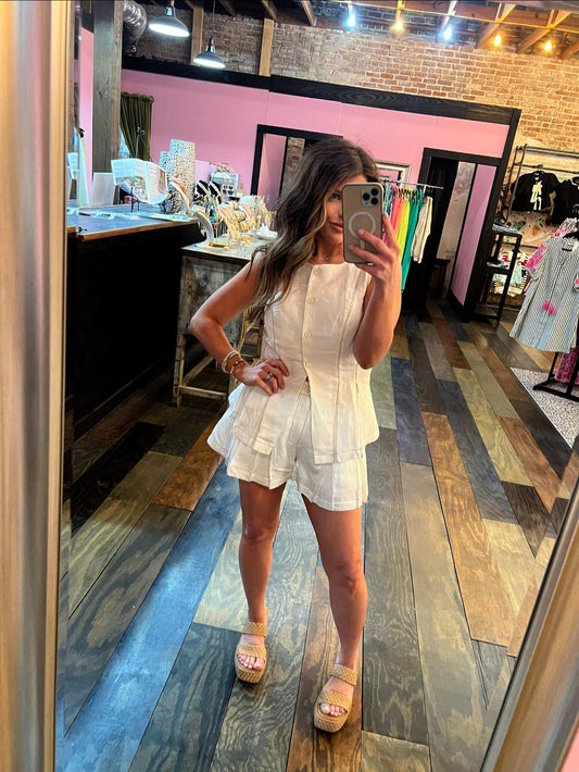 IVORY VEST WITH PAPERBAG SHORTS