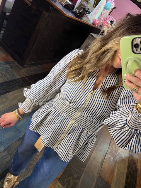 INDIGO STRIPE TOP WITH GOLD ZIPPER DETAIL