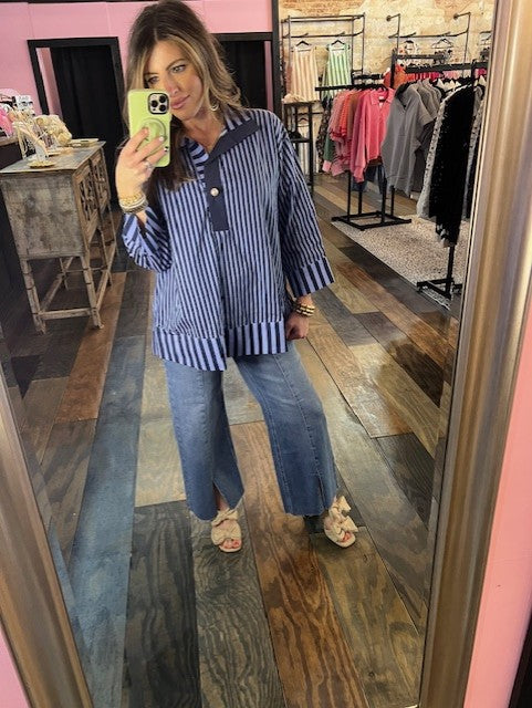 NAVY STRIPE TOP WITH PEARL DETAIL