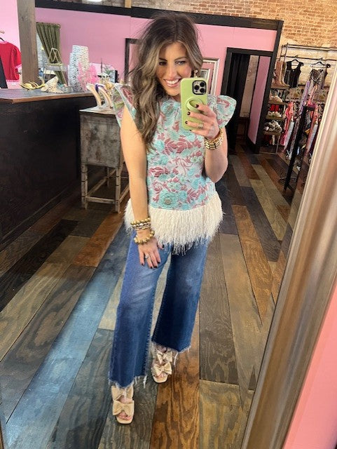 OSTRITCH FEATHER FRINGE FLORAL TOP