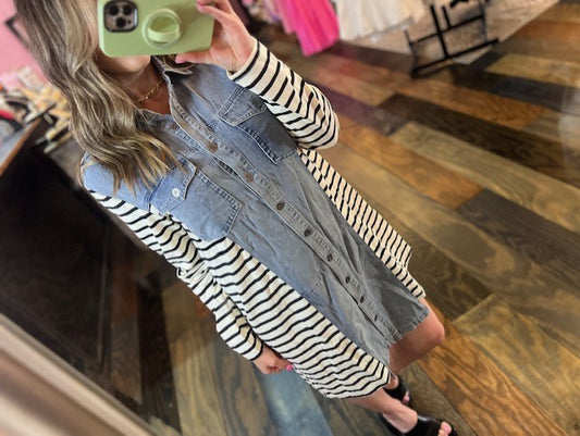 STRIPES AND DENIM SHIRT DRESS